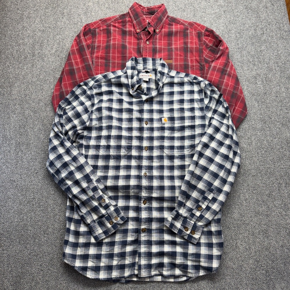 Lot of 2 Carhartt Mens Plaid Button Down Shirts Medium Navy Red Cotton Flannel